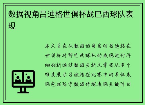 数据视角吕迪格世俱杯战巴西球队表现